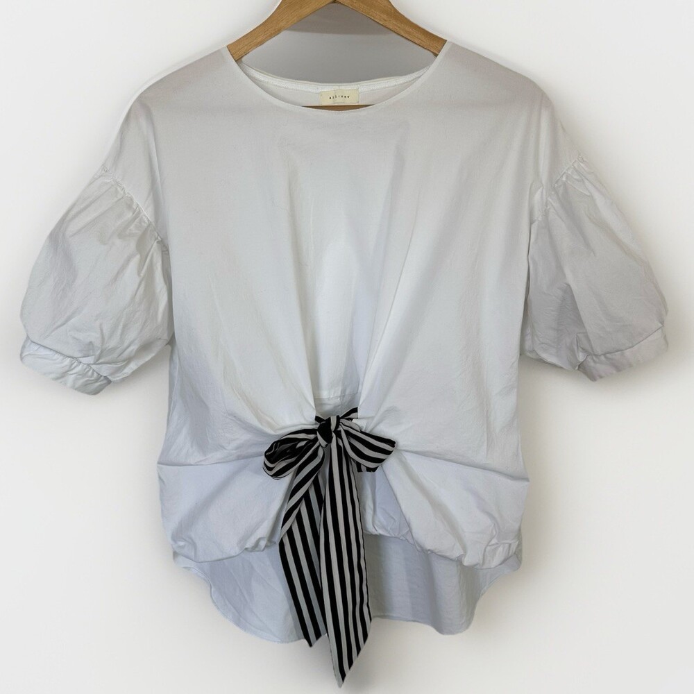 All:Row Women’s Blouse Front Tie Puff Sleeve Resort wear Lightweight Cotton S